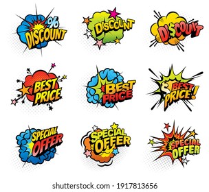 Shopping Sale Special Offer Pop Art Bang Or Explosion Bubbles. Shop Discounts, Best Price And Special Seasonal Offers Retro Comic Icons Or Vintage Promo Stickers With Blast, Burst Effects Vector