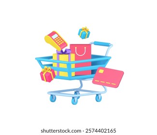 Shopping sale supermarket special offer clearance 3d icon realistic vector illustration. Shop store market discount loyalty gift card payment purchase price off present bag in trolley