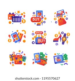 Shopping sale symbols set, internet shopping, e-commerce concept colorful vector Illustration on a white background