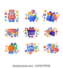 Shopping sale symbols set, internet shopping, e-commerce concept vector Illustration on a white background