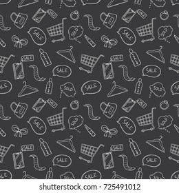 shopping and sale time seamless pattern with doodle or sketch style on black background