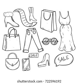 shopping and sale time with women clothes and accessories using doodle art