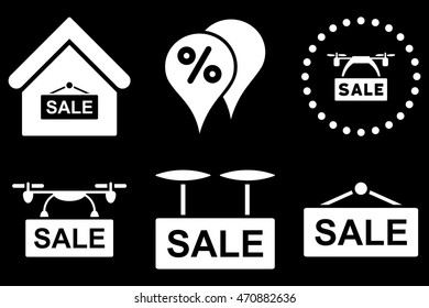 Shopping Sale vector icons. Pictogram style is white flat icons with rounded angles on a black background.