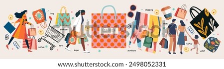 Shopping and sale. Vector modern abstract isolated illustrations of people in store with shopping bag, cart, shop, package, fashion woman, pattern, family , objects for poster, flyer or cover