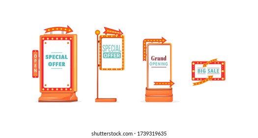 Shopping sale vintage vector ads board sign illustrations set. Commercial billboard mockup designs pack with copyspace. Stands with marquee lights isolated objects collection. Announcement banners