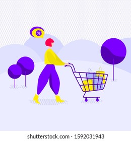 Shopping sale. Woman carries a shopping basket. Vector illustration in shades of violet.