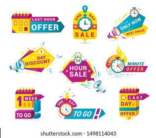 Shopping sales countdown promotional labels vector set. One day only, minute offer discounts badges isolated pack on white background. 24 hours low price advertisement stickers collection