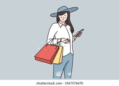 Shopping, sales and discount concept. Young happy woman cartoon character in hat standing with shopping bags purchases and feeling positive vector illustration 