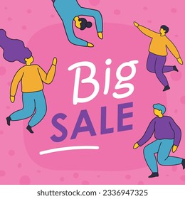 Shopping with sales and discounts, big reduction of price for clients and customers. People buying products and items, promotional banner or advertisement of shops and stores. Vector in flat style
