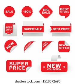 Shopping sales and discounts promotional labels vector set. New collection, super price badges isolated pack on white background. 50 percent off, free advertisement stickers collection
