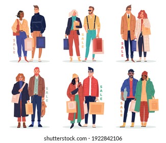 Shopping and sales. Happy couples men and women with bags and purchases, young people buyers in stylish fashionable clothes. Vector set