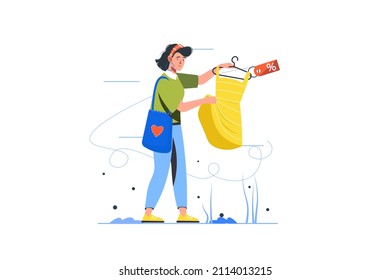 Shopping at sales modern flat concept. Young woman holds dress and chooses new outfit at discount prices. Shopper makes smart purchases. Vector illustration with people scene for web banner design