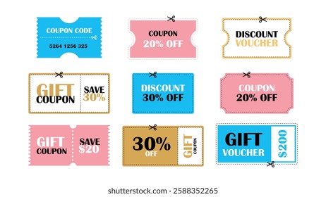 Shopping savings promotion coupons vector set. Discount offer coupon. Gift voucher or sale ticket template with cutting dashed lines and scissors icon. 