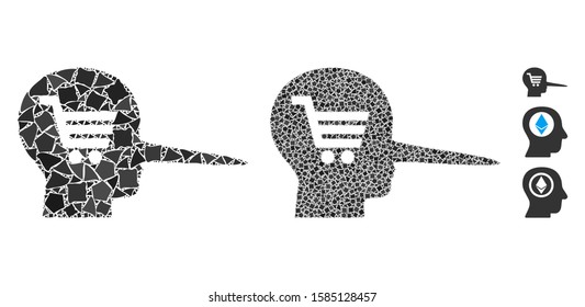 Shopping scammer icon composition of rough elements in various sizes and color tinges, based on shopping scammer icon. Vector bumpy elements are united into composition.