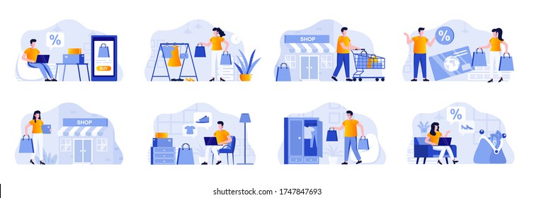 Shopping scenes bundle with people characters. Shopper carry shopping bags, online order and delivery at home, internet discount marketplace situations. Shopping people flat vector illustration.