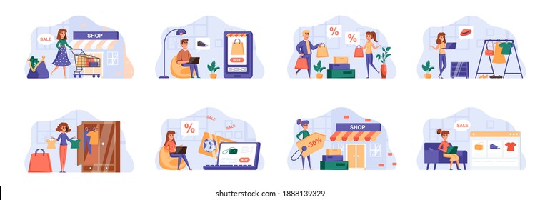 Shopping scenes bundle with people characters. People buy clothes, shoes and accessories, online order and delivery at home, discount marketplace situations. Internet shop flat vector illustration.