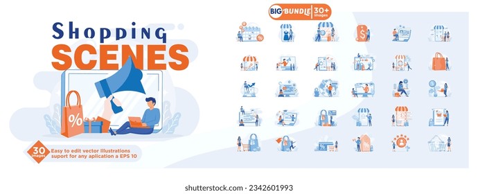 Shopping scenes concept illustration, collection of male and female business people scenes in the shopping scene. mega set flat vector modern illustration