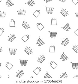 Shopping seamless pattern. Line art. Shopping cart, bag and basket on white background. E-commerce / online shop background. Vector illustration.
