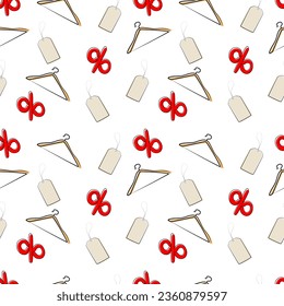 shopping seamless pattern. line art pattern of percentages, price tags and hangers on a white background. discount vector illustration