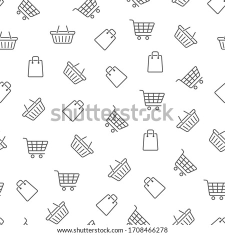 Shopping seamless pattern. Line art. Shopping cart, bag and basket on white background. E-commerce / online shop background. Vector illustration.