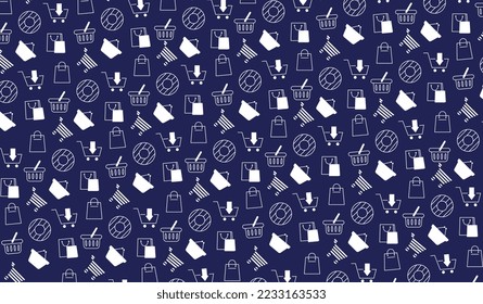 Shopping seamless pattern. Repeating design element for printing on fabric. Supermarket and grocery store. Minimalist carts with groceries. Market and shop concept. Cartoon flat vector illustration