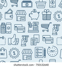 Shopping seamless pattern with thin line icons: cashbox, payment, pos terminal, piggy bank, sale, currency, credit card, trolley. Vector illustration for banner, print media.