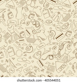 Shopping seamless retro line art design vector illustration. Separate objects. Hand drawn doodle design elements.