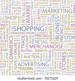 SHOPPING. Seamless vector background. Illustration with different association terms.