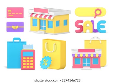 Comprar artículos de búsqueda navegar por internet vender tolning store compra set Icono 3d ilustración vectorial realista. Ver regalo de pago de la tarjeta de crédito especial de compensación de descuento comercial