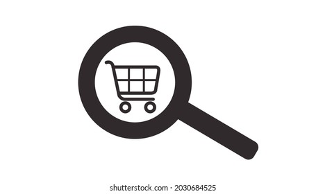 Icono de búsqueda de compras. Ilustración aislada de vectores de una lupa y una señal de carro