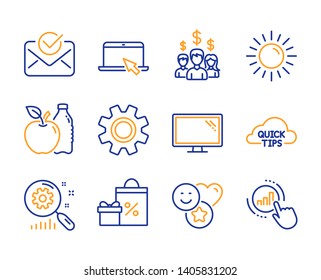 Shopping, Search statistics and Approved mail icons simple set. Smile, Apple and Sun signs. Salary employees, Service and Portable computer symbols. Quick tips, Monitor and Graph chart. Vector