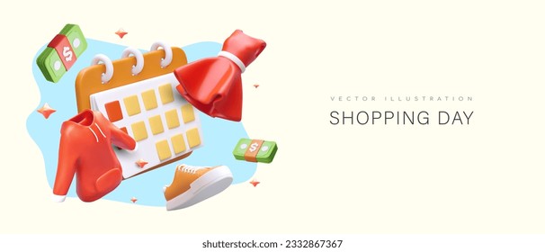 Shopping season. Advertising poster with 3D illustration. Colored floating elements. Reminders about sale day, promotions. Template with place for text