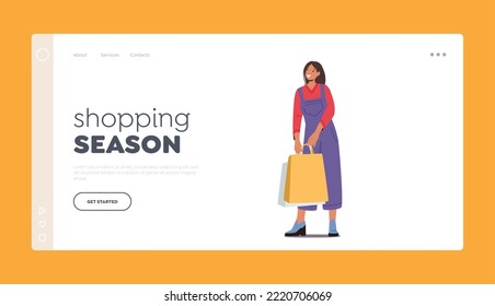 Shopping Season Sale, Discount Landing Page Template. with Young Stylish Woman Holding Colorful Bags. Trendy Female Character Having Fun, Shopaholic with Packs. Cartoon Vector Illustration