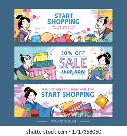 Shopping season ukiyo-e style banner design with retro characters enjoying buying gifts