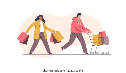 Compras, venta de temporada, cupón de descuento. Hombre con carro lleno de compras y mujer con paquetes. Ilustración vectorial.