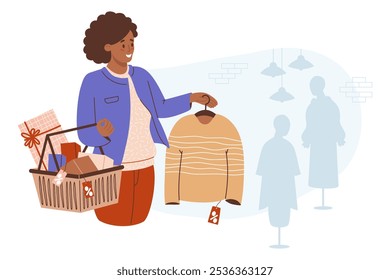 Compras, vendas sazonais. Mulher étnica negra feliz com presente em carrinho de compras compra suéter na moda perto da parede de tijolos com manequins femininos no vestido. Ilustração vetorial. Compradora feminina de férias