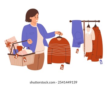 Compras, vendas sazonais. Mulher feliz morena com presente no carrinho de compras compra suéter na moda perto da loja rack com roupas. Ilustração vetorial. Compradora feminina de férias. Sexta-feira Negra