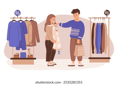 Shopping. Seasonal sale in store. Cute couple buyers man and girl try on fashionable dress. Vector illustration. Holiday shopper character, purchase novelty gift, Black Friday