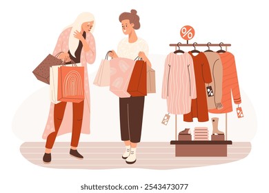 Shopping. Seasonal sale in store. Cute couple women girlfriends buyers near store rack with fashionable clothes and things. Vector illustration. Holiday shopper character, purchase, Black Friday