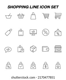 Concepto de compras, ventas y compras. Señales vectoriales de estilo plano. Juego de iconos de línea con símbolos del carro de la compra, bolsa, precio, porcentaje, cartón, cartera, tienda, entrega, tienda 