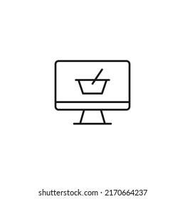 Concepto de compras, ventas y compras. Señales vectoriales de estilo plano. Adecuado para anuncios, sitios web, artículos. Trazo editable. Icono de línea de la bolsa de compra en el monitor del equipo 