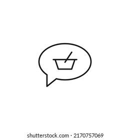 Shopping, sell and purchase concept. Vector signs in flat style. Suitable for adverts, web sites, articles. Editable stroke. Line icon of shopping bag inside of speech bubble 