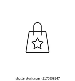 Shopping, sell and purchase concept. Vector signs in flat style. Suitable for adverts, web sites, articles. Editable stroke. Line icon of star on shopping bag 