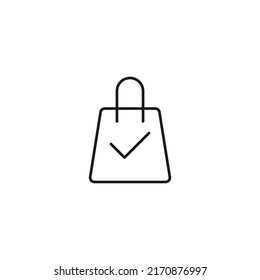 Concepto de compras, ventas y compras. Señales vectoriales de estilo plano. Adecuado para anuncios, sitios web, artículos. Trazo editable. Icono de línea de marca de verificación en la bolsa de compra 