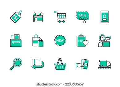 Shopping and selling - set of line design style icons isolated on white background. High quality images of shop, cart, sale coupon, money wallet, online app, delivery truck, cashier, customer service