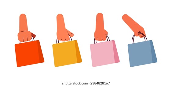 Shopping semi flat colour vector hands set. Holding paper bag with purchases. Editable cartoon clip art icons on white background. Simple spot illustration pack for web graphic design