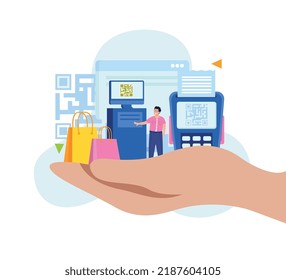 Composición plana del servicio de compras con terminales inteligentes para aceptar pagos por ilustración vectorial de código QR