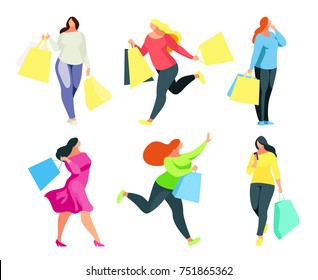 Shopping. Set of a buyers with shopping bags in hand. Girls shoppers isolated on white background. Big Sale. Set of women plus size in a flat style. Vector illustration.