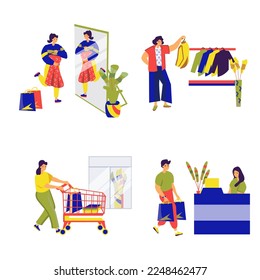 Shopping set concept with people scene in the flat cartoon style. Man and woman go to choose and buy new clothes. Vector illustration.