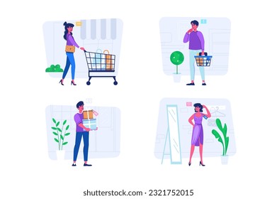 Concepto de centro comercial con escena popular en el diseño de dibujos animados planos. La gente va a las tiendas por varias compras. Ilustración vectorial.